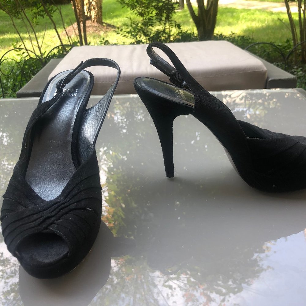 STUART WEITZMAN Black suede strappy heeled sandals